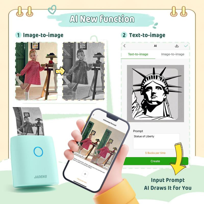 JADENS Mini Sticker Printer-2 Inch Bluetooth Thermal Pocket Printer,Inkless Portable Printer for Study Notes,Photos, Memos,Lists,Gifts,Journals Printing Machine Sticky Label