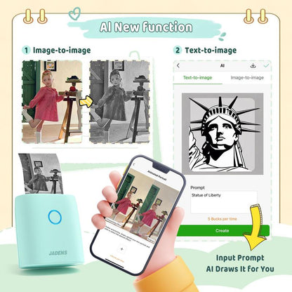 JADENS Mini Sticker Printer-2 Inch Bluetooth Thermal Pocket Printer,Inkless Portable Printer for Study Notes,Photos, Memos,Lists,Gifts,Journals Printing Machine Sticky Label
