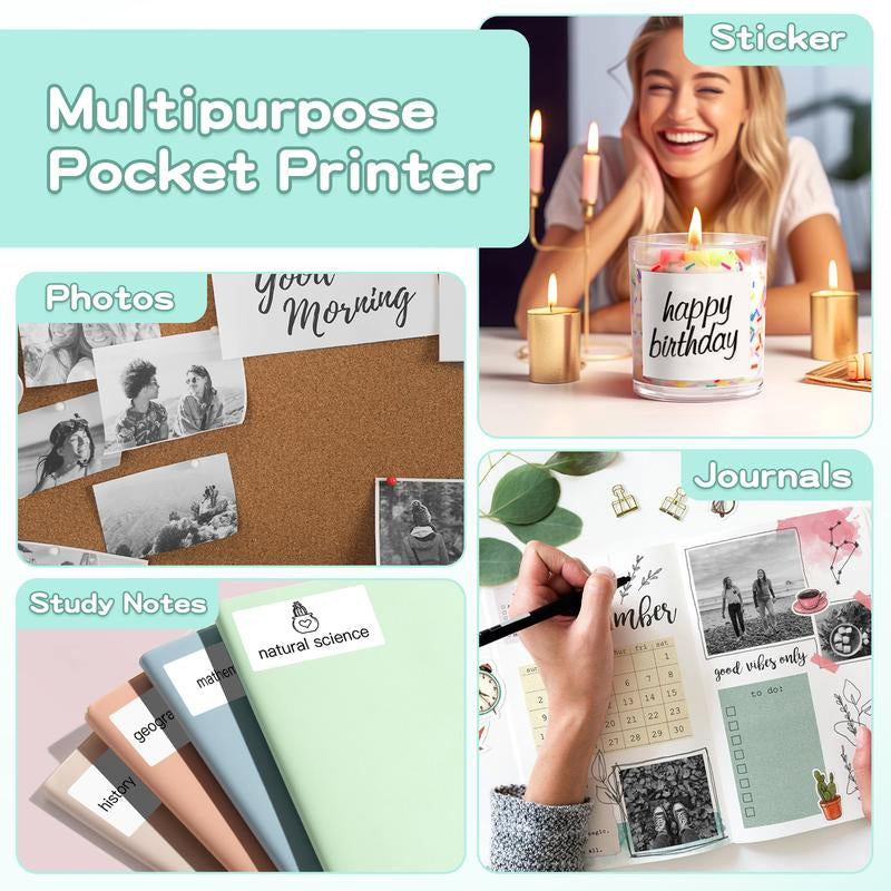 JADENS Mini Sticker Printer-2 Inch Bluetooth Thermal Pocket Printer,Inkless Portable Printer for Study Notes,Photos, Memos,Lists,Gifts,Journals Printing Machine Sticky Label