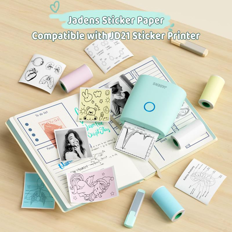 JADENS Mini Sticker Printer-2 Inch Bluetooth Thermal Pocket Printer,Inkless Portable Printer for Study Notes,Photos, Memos,Lists,Gifts,Journals Printing Machine Sticky Label